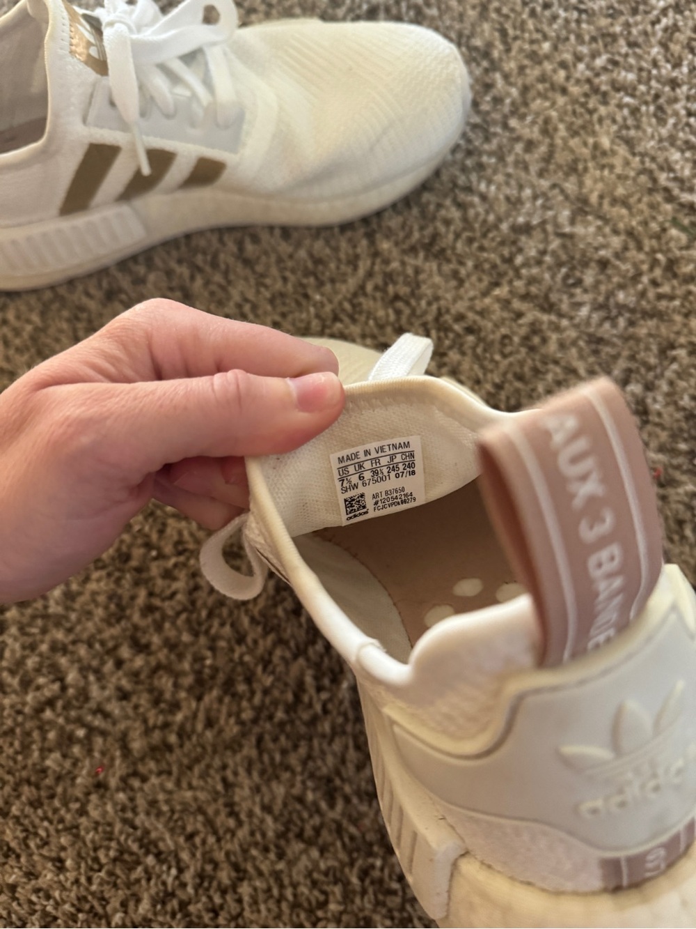 adidas NMD R1 White Sneakers with Gold metallic Accent Stripes - Picture 5 of 6